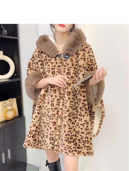 Soft Plush Leopard Hooded Cape W/ Button